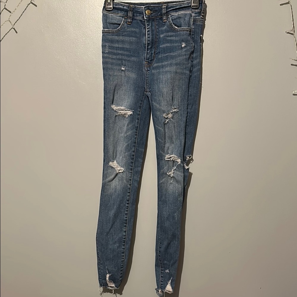 American Eagle Distressed Denim highest rise jegging super stretch size 0